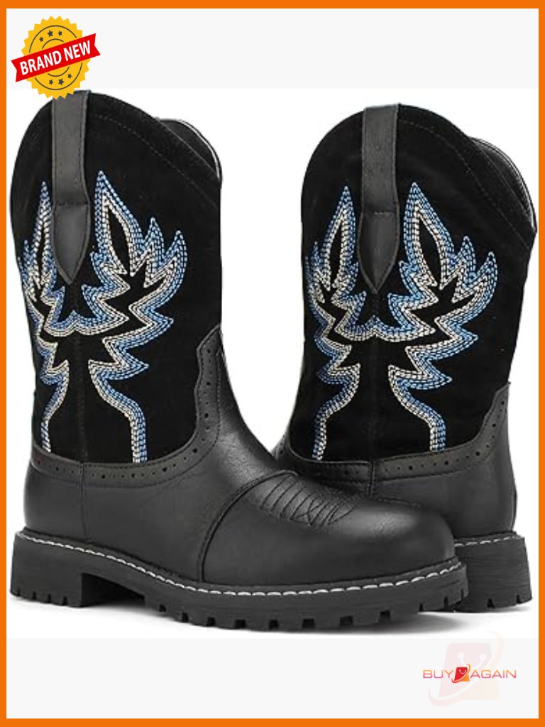 Western Cowboy Cowgirl Boots Round Toe Embroidered Mid Calf